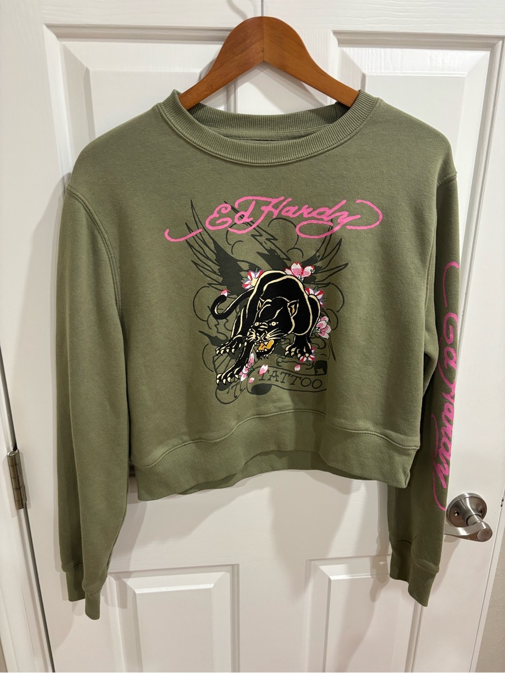 Ed Hardy Olive Green Sweatshirt with Pink Logo and Panther Graphic